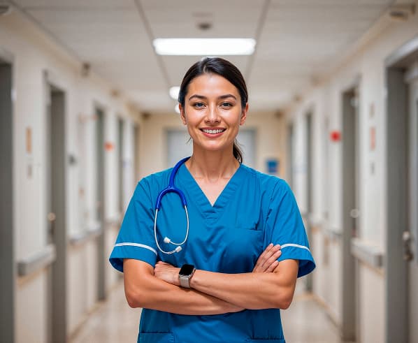 Nurse standing confidently in a hospital corridor